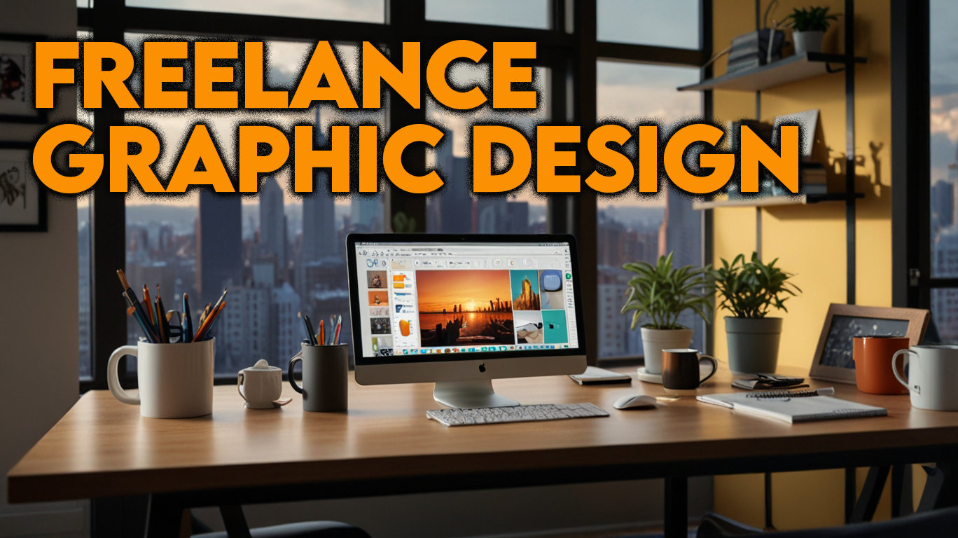 A photorealistic image of a freelance graphic designer in a modern home office with Canva, Figma, and Upwork, surrounded by design icons, representing how to become a freelance designer and launch a graphic design side hustle in 2025