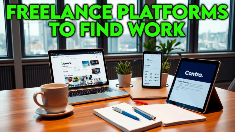 A photorealistic image of freelance job platforms in a modern home office with Upwork, Fiverr, and Contra, surrounded by job icons, representing the best freelance platforms 2025 and freelance websites for beginners.