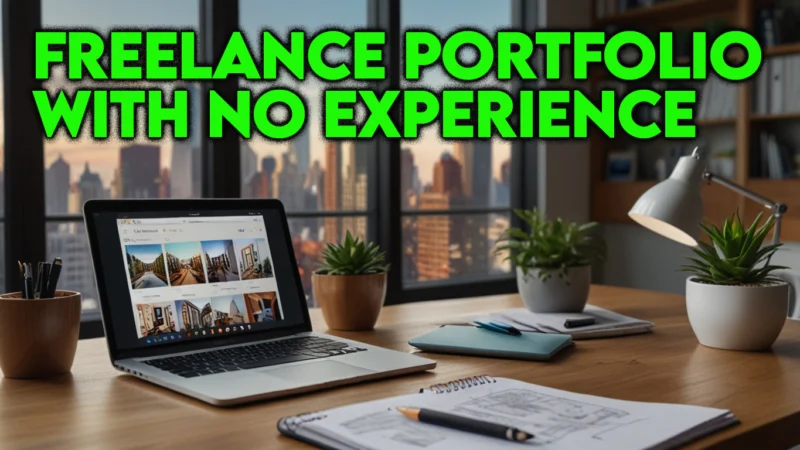 A photorealistic image of a freelancer in a modern home office with Canva, Notion, and Upwork, surrounded by portfolio icons, representing how to build a freelance portfolio with no experience and online freelance portfolio in 2025.