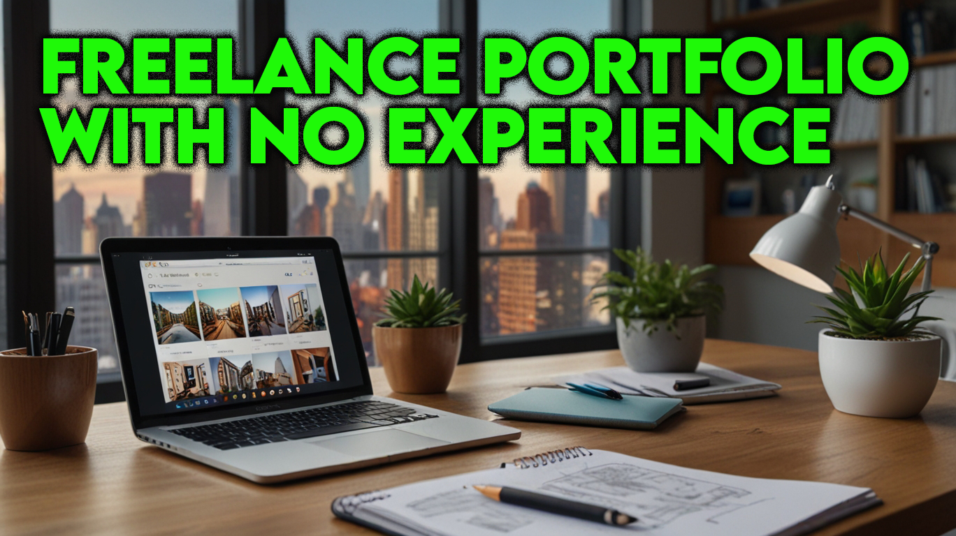 A photorealistic image of a freelancer in a modern home office with Canva, Notion, and Upwork, surrounded by portfolio icons, representing how to build a freelance portfolio with no experience and online freelance portfolio in 2025.