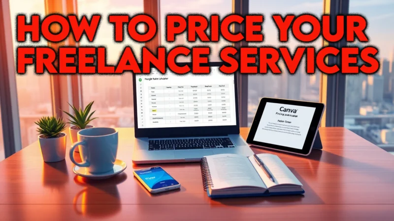 A photorealistic image of a freelancer in a modern home office with a rate calculator, Canva proposal, and Fiverr notification, representing how to price your freelance services and freelance pricing examples in 2025.