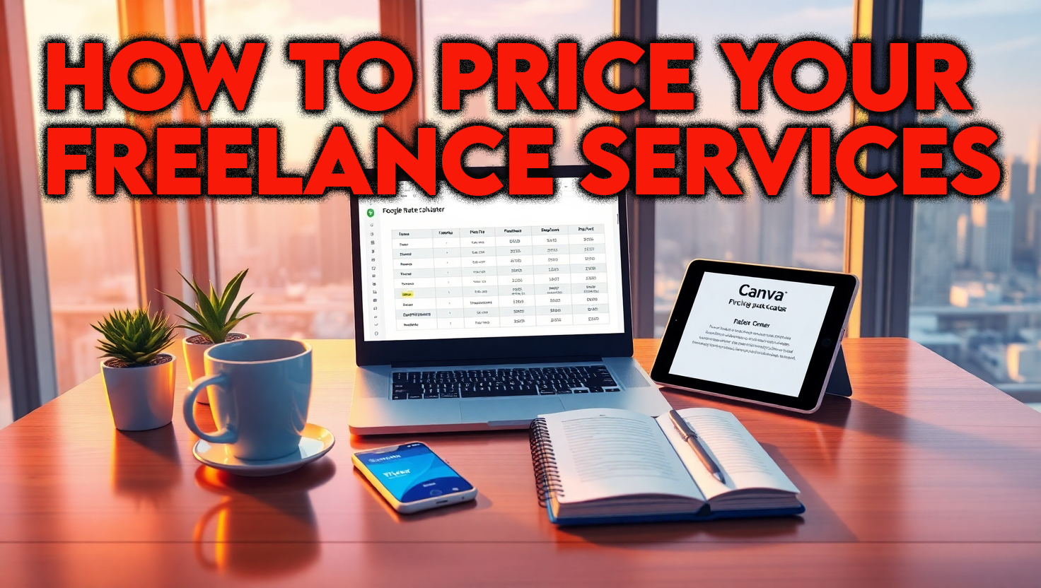 A photorealistic image of a freelancer in a modern home office with a rate calculator, Canva proposal, and Fiverr notification, representing how to price your freelance services and freelance pricing examples in 2025.
