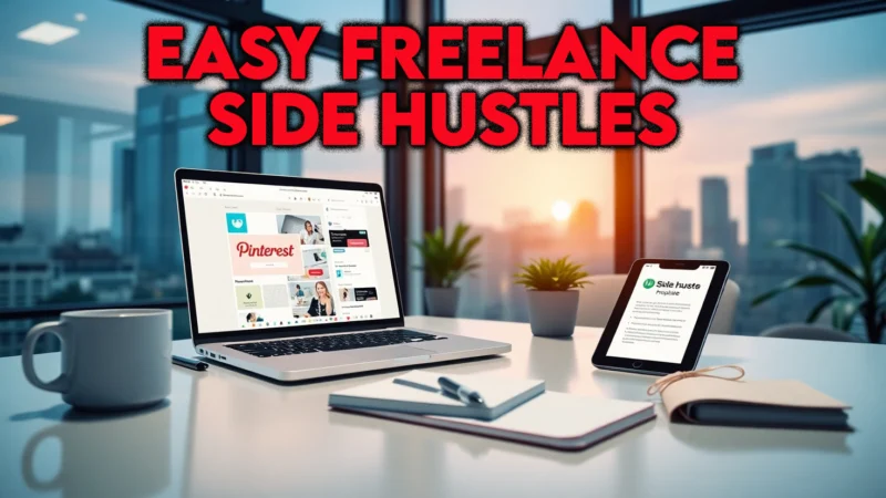 A photorealistic image of a freelancer in a modern home office with Canva, Notion, and Upwork, surrounded by side hustle icons, representing easy freelance side hustles and freelance work from home in 2025