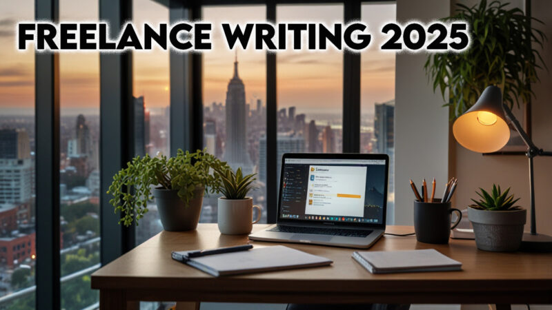 A photorealistic image of a freelancer in a modern home office with a laptop, tablet, and smartphone, surrounded by niche icons, representing freelance writing jobs from home and how to start freelance writing as a writing side hustle in 2025.