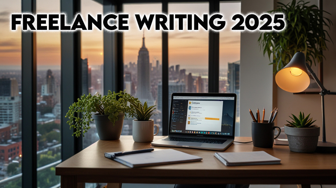 A photorealistic image of a freelancer in a modern home office with a laptop, tablet, and smartphone, surrounded by niche icons, representing freelance writing jobs from home and how to start freelance writing as a writing side hustle in 2025.