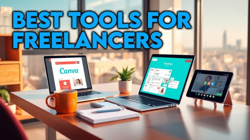 A photorealistic image of a freelancer in a modern home office with Canva, Trello, and Zoom, surrounded by tool icons, representing the best tools for freelancers and freelancer productivity tools in 2025