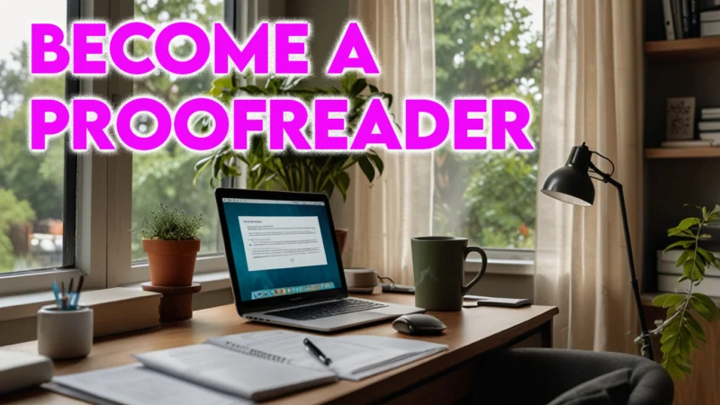 A photorealistic image of a proofreader in a modern home office with a laptop, tablet, and smartphone, surrounded by grammar icons, representing how to become a proofreader online and secure remote proofreading jobs for beginners in 2025.