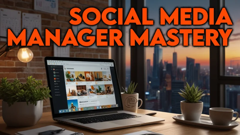 A photorealistic image of a social media manager in a modern home office with Canva, Tailwind, and Upwork, surrounded by social media icons, representing social media manager freelance job and social media VA jobs in 2025.