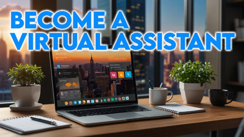 A photorealistic image of a virtual assistant in a modern home office with a laptop, tablet, and smartphone, surrounded by service icons, representing how to become a virtual assistant from home and launch a virtual assistant side hustle in 2025.