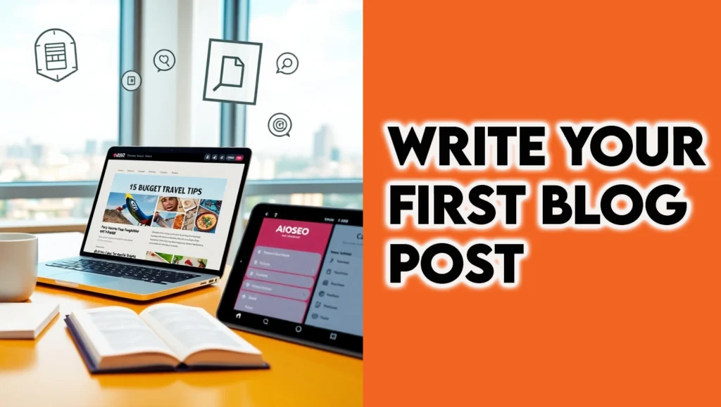 A photorealistic image of a blogger in a modern home office with WordPress, Canva, and AIOSEO, representing write your first blog post and writing blog posts for SEO in 2025
