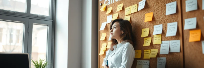 Woman brainstorming first blog post ideas using sticky notes on a wall