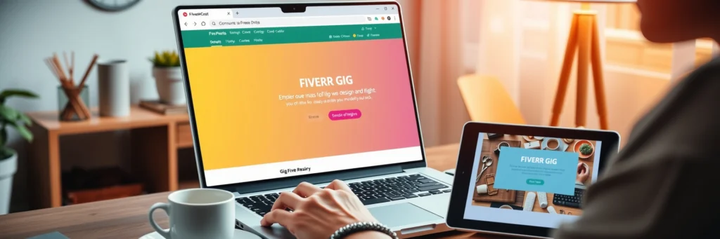 Best Freelance Job Platforms to Find Work in 2025: Beginner-Friendly Guide 3 A semi-stylized illustration of a freelancer creating a Fiverr gig, highlighting Fiverr vs Contra and where to find freelance jobs in 2025