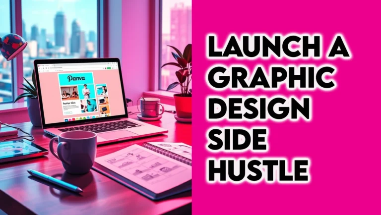 A photorealistic image of a freelance graphic designer in a modern home office with Canva, Figma, and Upwork, surrounded by design icons, representing how to become a freelance designer and launch a graphic design side hustle in 2025