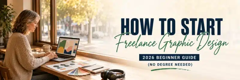 A woman in her fifties designing on a laptop at a café table, showing how to start freelance graphic design in 2026