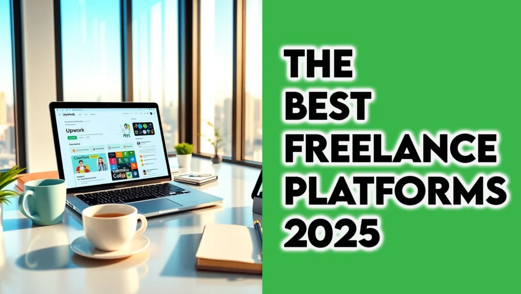 A photorealistic image of a freelancer in a modern home office with Upwork, Fiverr, and Contra, surrounded by job icons, representing the best freelance platforms 2025 and freelance websites for beginners