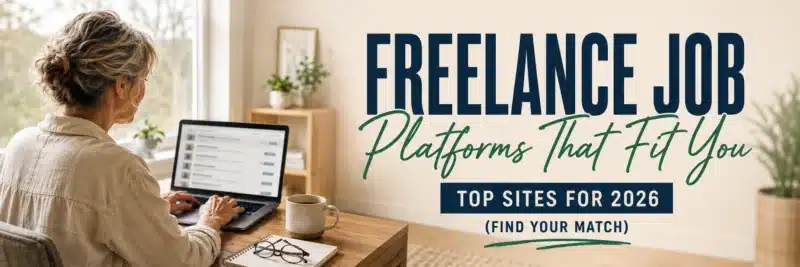 A woman in his fifties browsing freelance job platforms on a laptop at a desk by a window in 2026