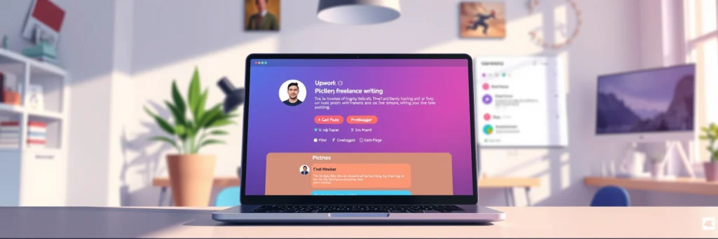Easy Freelance Side Hustles Guide: Best Online Jobs for Beginners in 2025 6 A semi-stylized digital art of a laptop showing an Upwork pitch, highlighting freelance work from home and best online jobs for beginners in 2025