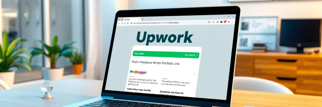 Proven Steps: How to Become a Freelance Writer in 2025 and Get Paid Online 5 A semi-stylized digital art of a laptop showing an Upwork pitch with a portfolio link, highlighting writing clients for beginners and get paid to write online in 2025