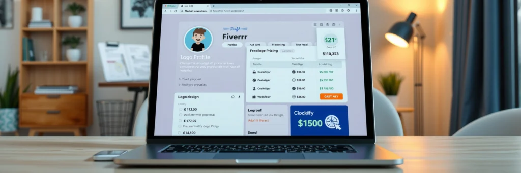 How to Price Your Freelance Services Successfully in 2025 (Proven Examples) 4 A semi-stylized digital art of a laptop showing a Fiverr profile with pricing examples, highlighting freelance pricing examples and how much to charge for freelance work in 2025.