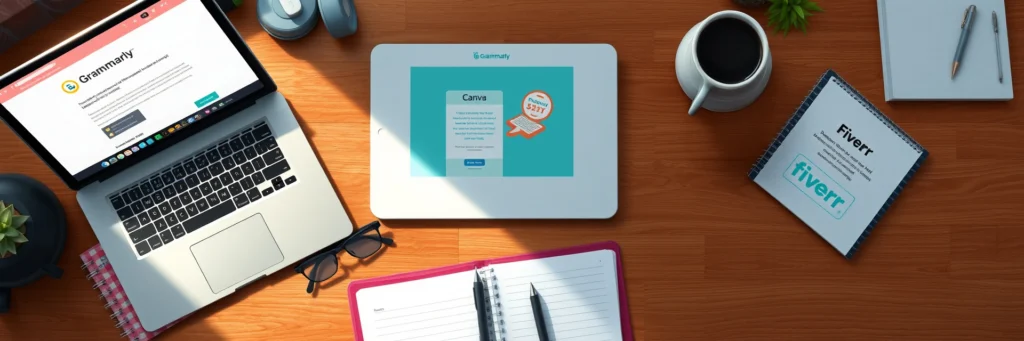 Easy Freelance Side Hustles Guide: Best Online Jobs for Beginners in 2025 4 A photorealistic top-down view of a freelancer’s desk with Grammarly, Canva, and Fiverr, showcasing tools for no experience freelance jobs and easy freelance side hustles in 2025.