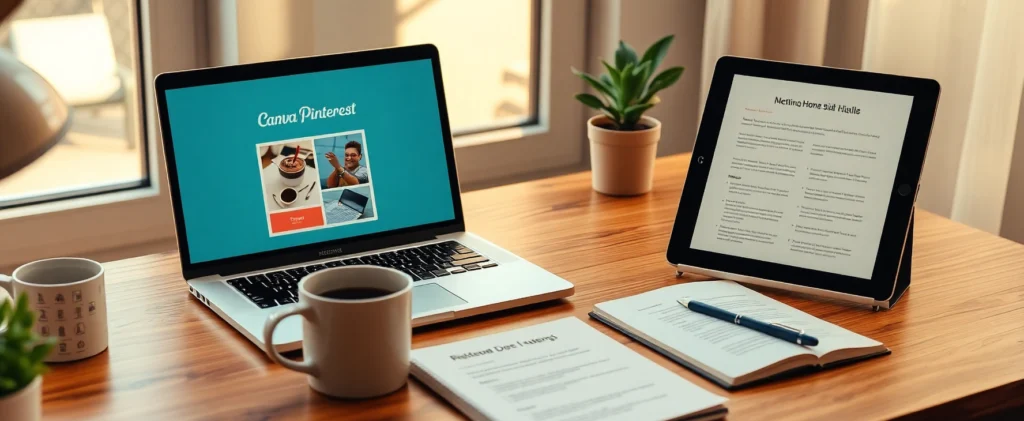 Easy Freelance Side Hustles Guide: Best Online Jobs for Beginners in 2025 2 A photorealistic image of a freelancer’s workspace with Canva and Notion, showcasing easy freelance side hustles and best online jobs for beginners in 2025