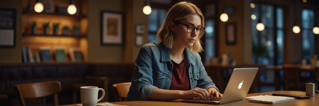 How to Start a Successful Remote Freelance Career in 2025 (Even With No Experience) 3 A semi-stylized illustration of a young woman writing a blog post on her laptop in a cozy café, highlighting freelance jobs with no experience like writing in 2025.