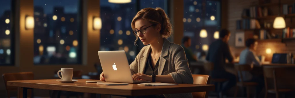 Freelance Writing Jobs from Home (2025 Guide) — Start Freelance Writing With No Experience 6 A semi-stylized illustration of a freelance writer typing a pitch email in a café, showcasing how to start freelance writing and get paid to write online for beginners in 2025.