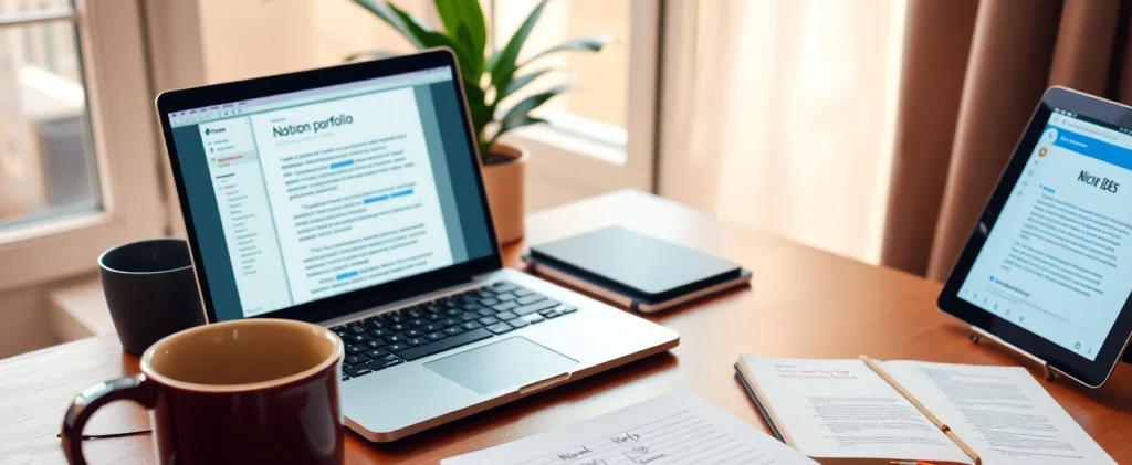 Proven Steps: How to Become a Freelance Writer in 2025 and Get Paid Online 2 A photorealistic image of a freelance writer’s workspace with Google Docs and Notion, ideal for how to become a freelance writer in 2025 and freelance writer portfolio creation