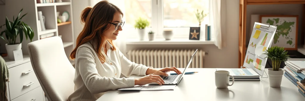 Female Freelancer Calculating Freelance Service Packages Using a Laptop and Worksheet in a Home Office.
