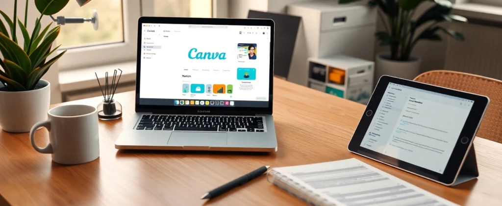 10 Best Tools for Freelancers in 2025: Save Time & Work Smarter 2 A photorealistic image of a freelancer’s workspace with Canva and Notion, showcasing the best tools for freelancers and tools for remote work in 2025