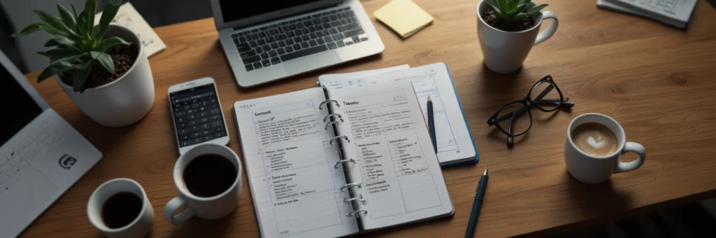 How to Build a Freelance Portfolio With No Experience in 2025 (Step-by-Step Guide) 3 A photorealistic top-down view of a freelancer’s desk with Google Docs, Figma, and Contra, showcasing tools for building a freelance portfolio with no experience and portfolio tips for new freelancers in 2025.
