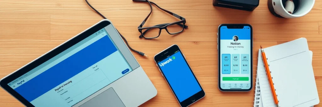 How to Price Your Freelance Services Successfully in 2025 (Proven Examples) 6 A photorealistic top-down view of a freelancer’s desk with PayPal, Notion, and Upwork, showcasing tools for pricing freelance services and freelance packages pricing in 2025.