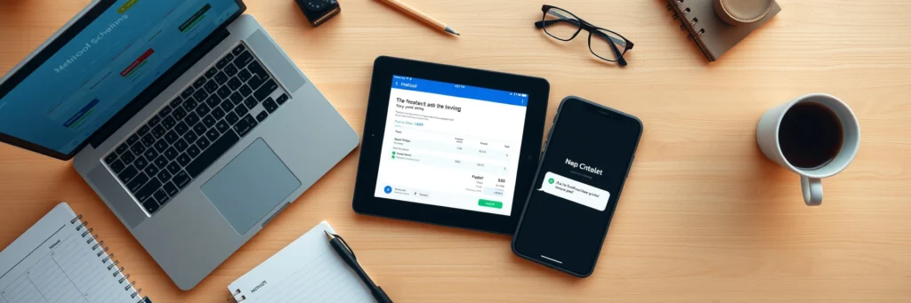 10 Best Tools for Freelancers in 2025: Save Time & Work Smarter 6 A photorealistic top-down view of a freelancer’s desk with Metricool, PayPal, and ChatGPT, showcasing time-saving tools for freelancers and apps for side hustlers in 2025