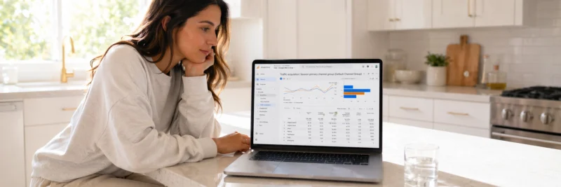 Woman in casual clothes at a bright white kitchen island with laptop showing the Google Analytics 4 traffic acquisition report with organic search and social sources visible as part of Google Analytics for bloggers