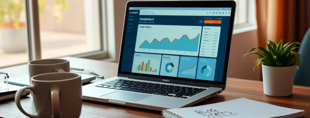 Photorealistic image of a blogger setting up Google Analytics, showcasing blog analytics for beginners and Google Analytics for bloggers in 2025.