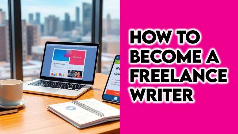 A photorealistic image of a freelance writer in a modern home office with Google Docs, Canva, and Upwork, surrounded by writing icons, representing how to become a freelance writer in 2025 and get paid to write online