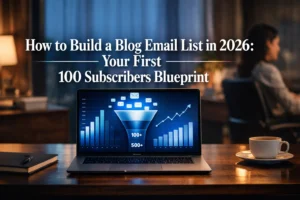 Featured category image for how to build a blog email list showing subscriber growth dashboard and email funnel blueprint
