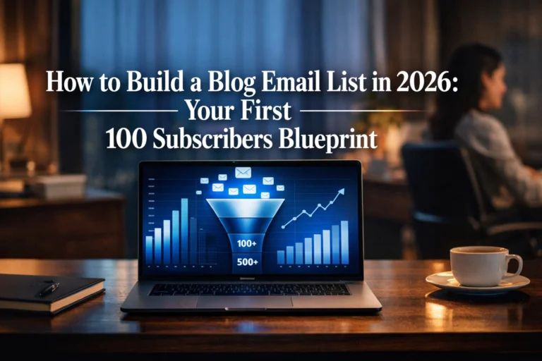 Featured category image for how to build a blog email list showing subscriber growth dashboard and email funnel blueprint