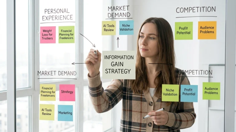 A professional woman brainstorming blog niches on a glass board, highlighting the 'Information Gain' strategy for niche validation.