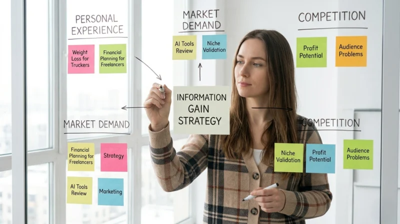 A professional woman brainstorming blog niches on a glass board, highlighting the 'Information Gain' strategy for niche validation.