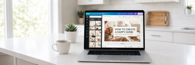 Laptop on a bright white kitchen island displaying Canva with a blog hero image template open showing a clean lifestyle photo with minimal title text overlay as part of how to design a blog