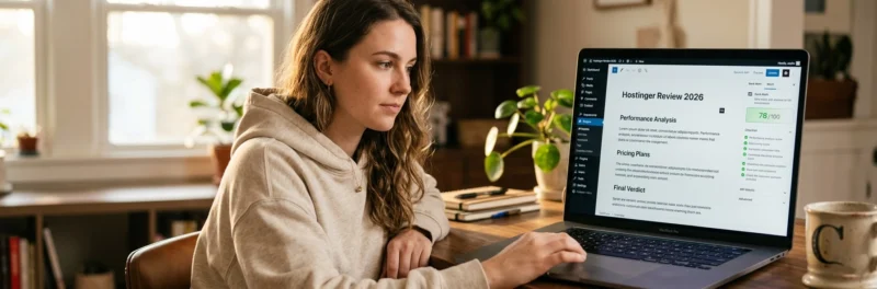 Woman in casual loungewear sitting at a warm walnut home office desk writing an affiliate review post in the WordPress block editor showing how to do affiliate marketing on a blog