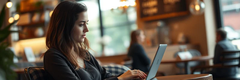 Woman learning how to do SEO for a blog while working on a laptop in a café
