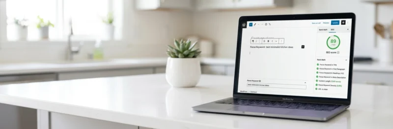 Laptop on a bright white kitchen island displaying the Rank Math SEO plugin panel with a high green score and completed keyword checklist showing how to do SEO for a blog