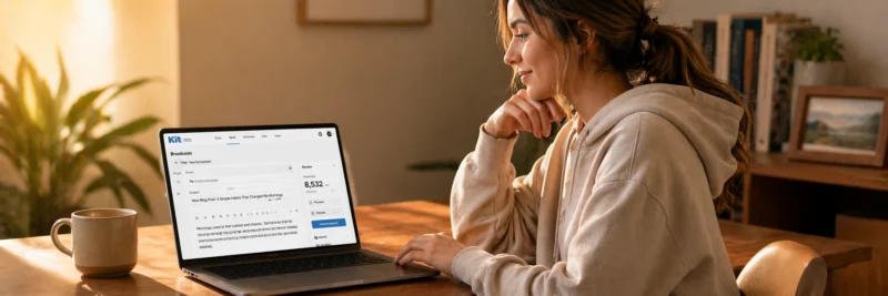 Woman in casual home working clothes at a warm walnut home office desk with laptop showing the Kit ConvertKit email broadcast composer with a new blog post being sent to subscribers as a way to get traffic to your blog