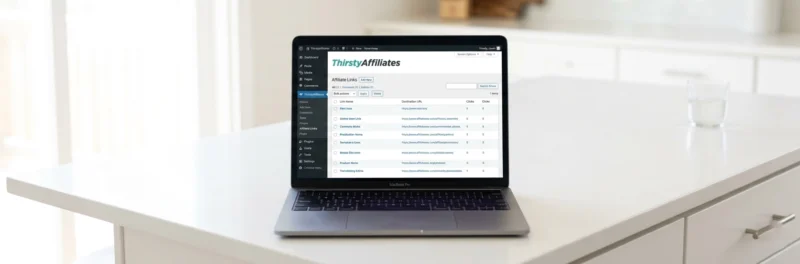 Laptop on a bright white kitchen island displaying the ThirstyAffiliates plugin dashboard inside WordPress showing affiliate link management as part of how to monetize a blog