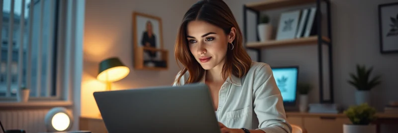Woman reviewing blog performance and optimizing content on a laptop