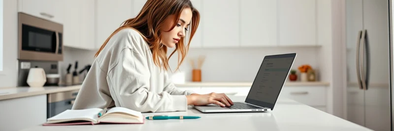 Woman in casual clothes at a bright white kitchen island reviewing Google Keyword Planner search volume data as part of learning how to plan blog content