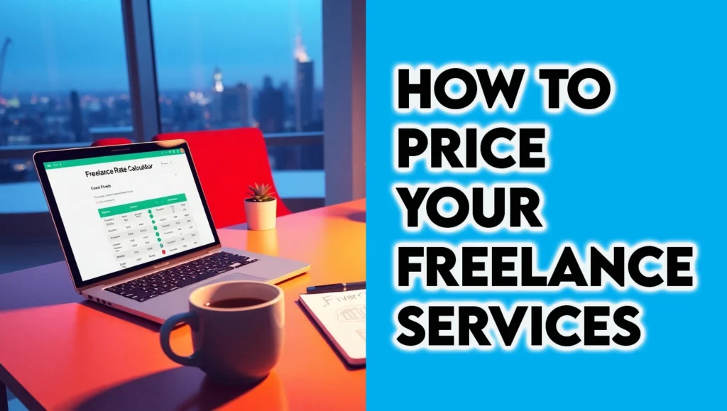 A photorealistic image of a freelancer in a modern home office with a rate calculator, Canva proposal, and Fiverr notification, representing how to price your freelance services and freelance pricing examples in 2025.