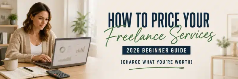 A woman in her thirties working out rates at a home desk with a calculator and notebook, showing how to price your freelance services in 2026